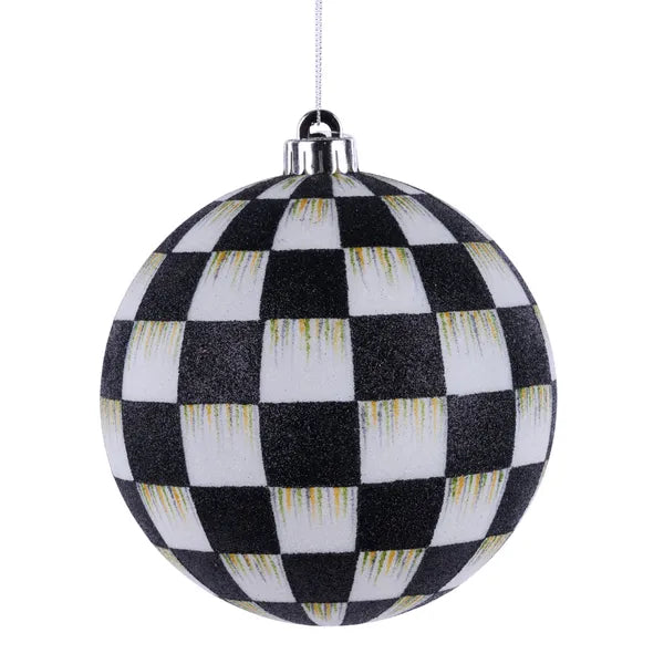 150mm black and white checkered glitter ball ornament with silver cap and hanging string.