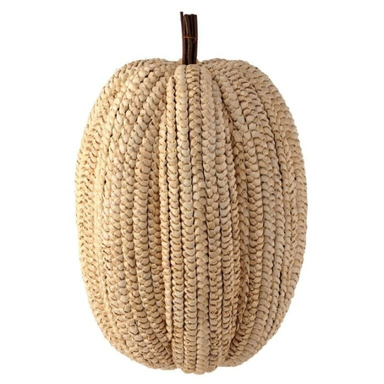 Large 27.5-inch cream-colored woven pumpkin decor with a twig stem and ribbed texture.