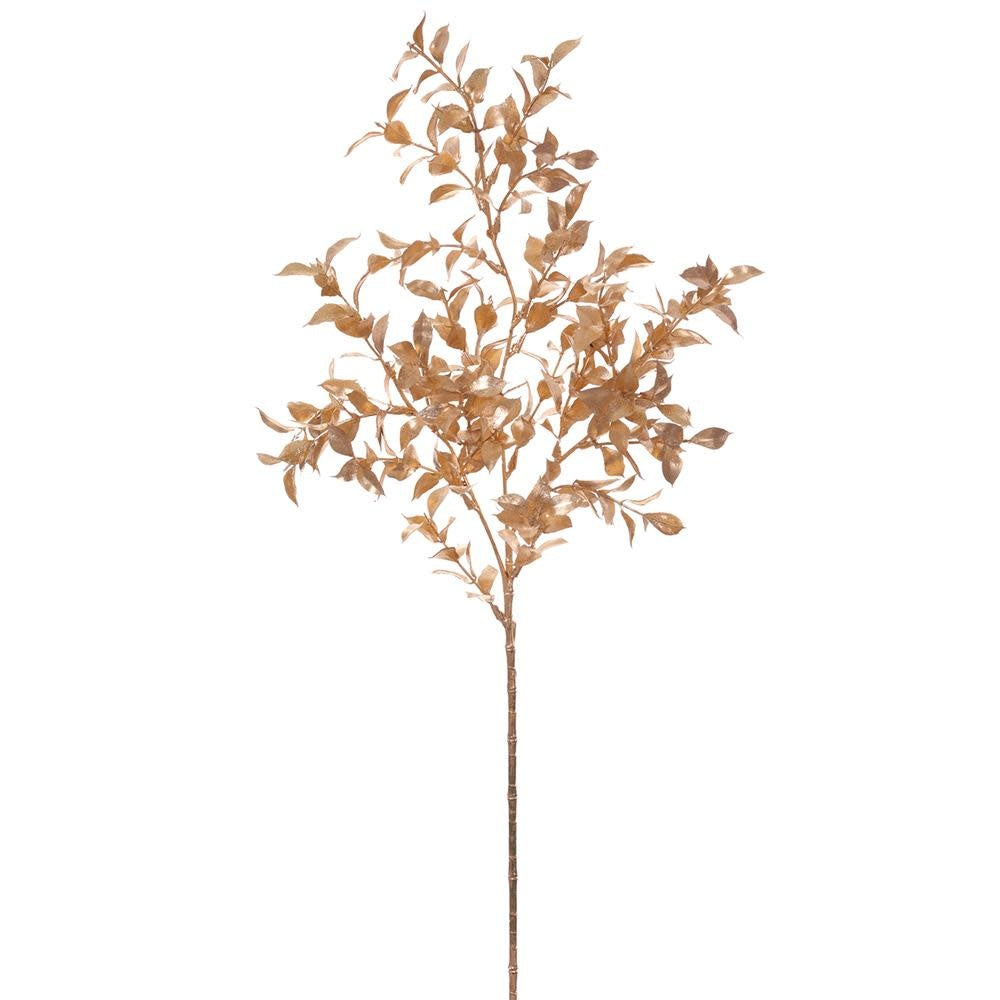 A 27.5-inch gold glittered ruscus spray with plastic leaves on a wire stem.