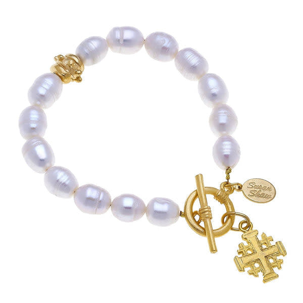 Genuine freshwater pearl bracelet with a Jerusalem cross toggle clasp