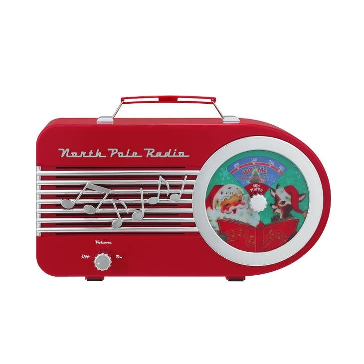 Vintage red North Pole Radio with retro speaker grille and antenna