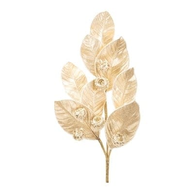 27-inch gold-colored artificial leaf and berry spray with glittery texture.
