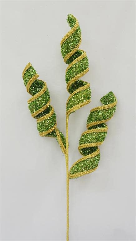 28-inch decorative spray featuring three green glittery spiral curls with gold trim on a gold stem.