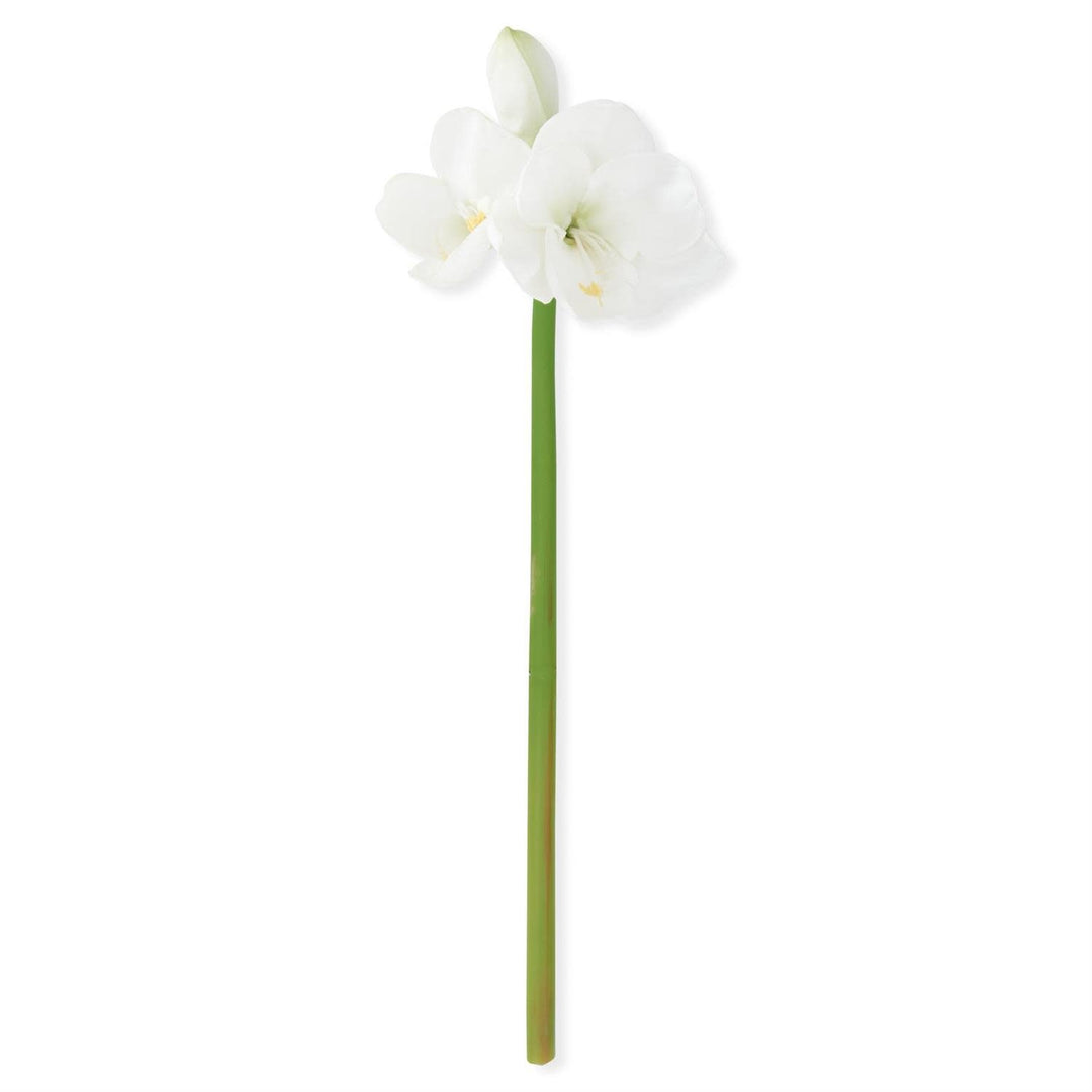 28-inch real touch white amaryllis stem with lifelike petals on a green stalk.