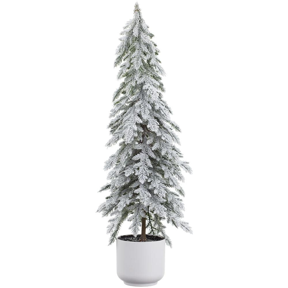 28-inch snow-dusted artificial pine tree in a white plastic pot.