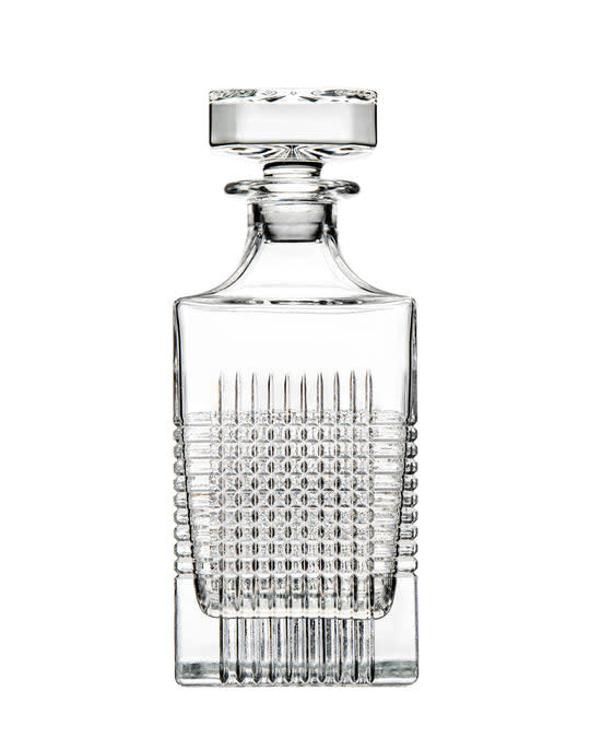 Clear crystal whiskey decanter with hatched-cut geometric patterns on a semi-handmade silhouette.