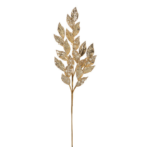 28.75-inch gold leaf spray with glittery, textured foliage on a flexible stem.