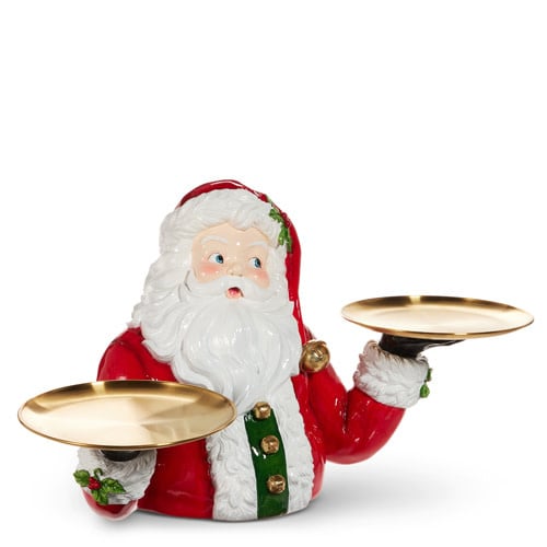 Resin Santa butler figurine holding two gold-toned metal trays, measuring 28.75 inches long.
