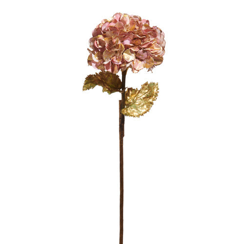 Artificial gilded pink hydrangea stem with plastic foliage measuring 28 inches tall.