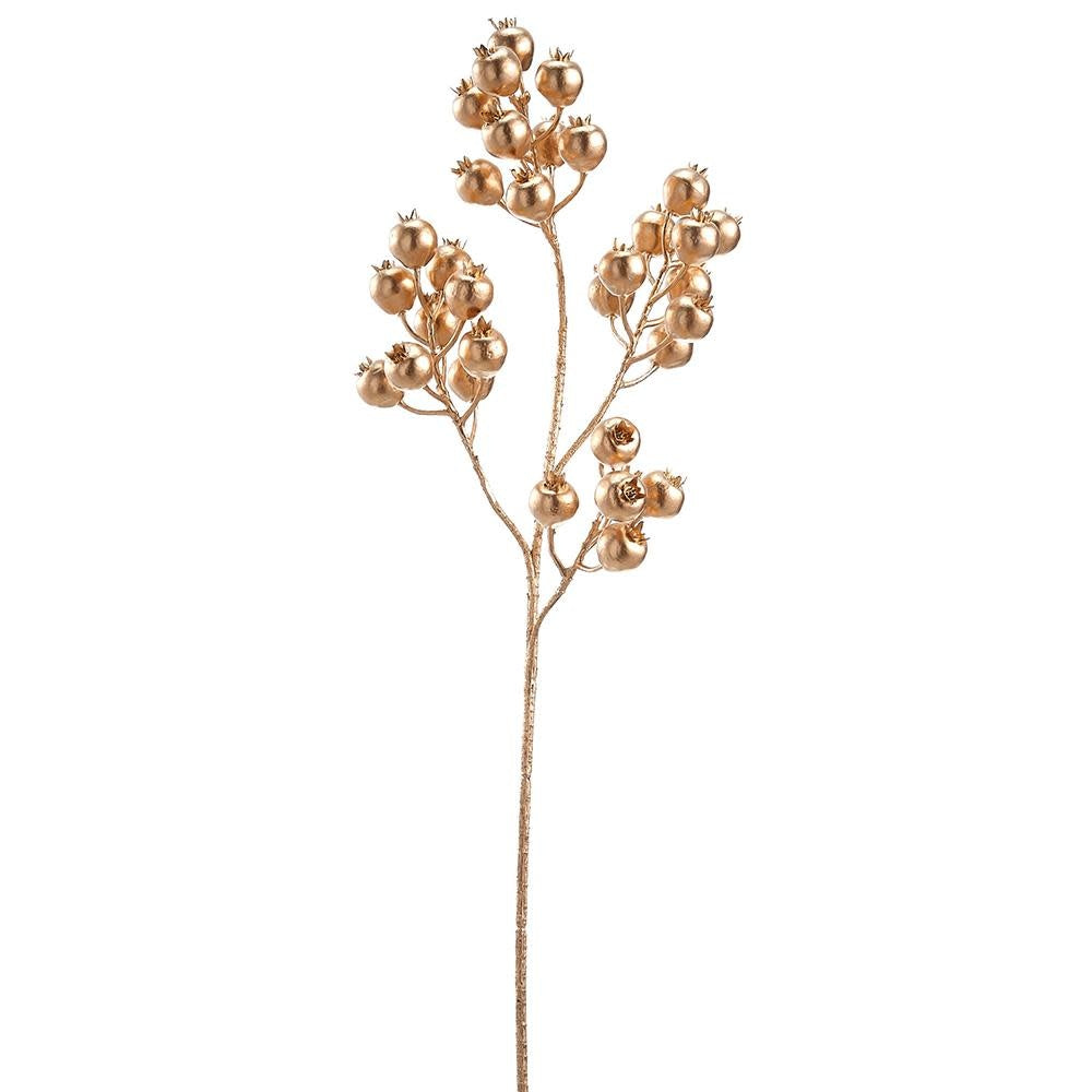 A 29-inch decorative gold berry spray with clusters of metallic berries on a thin wire stem.