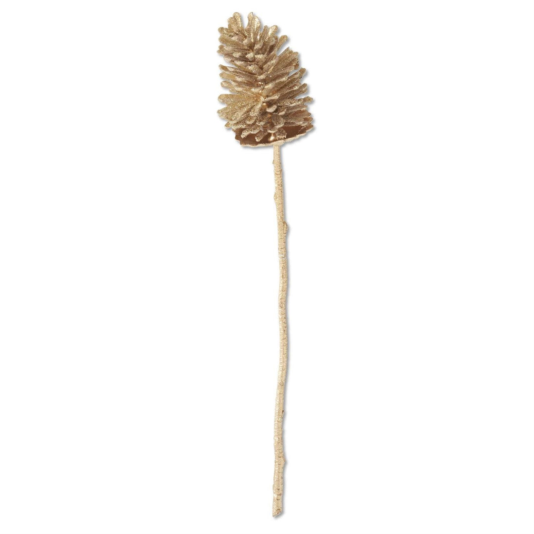 29-inch gold glittered pinecone stem on a long wire branch for holiday decor.