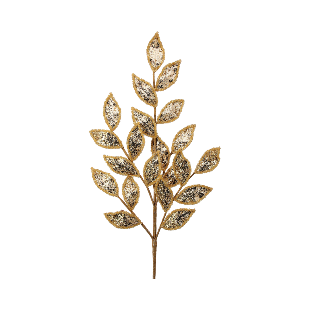 29-inch metallic gold laurel leaf spray covered in glitter on a wire stem.