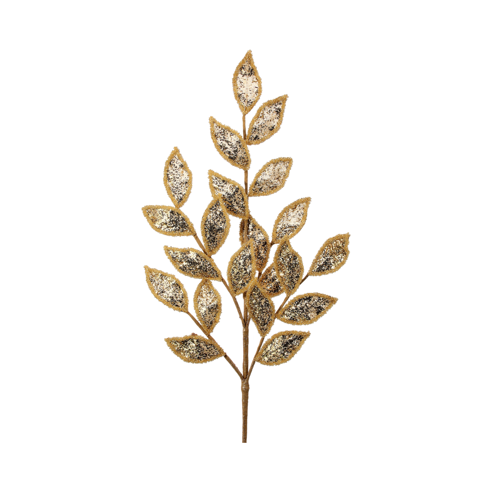 29-inch metallic gold laurel leaf spray covered in glitter on a wire stem.