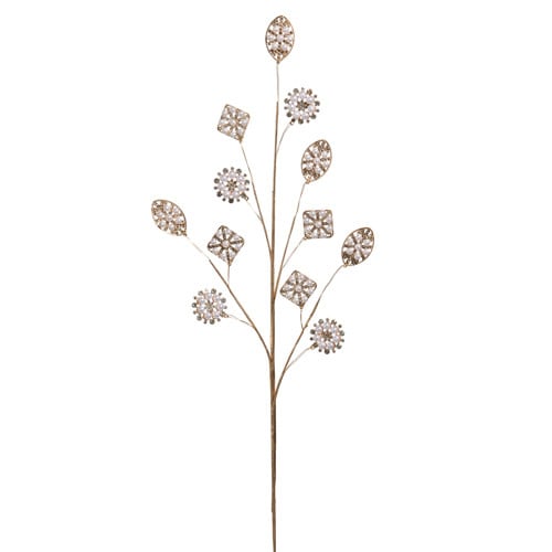 29-inch decorative spray featuring white pearl and gem brooches on thin gold wire stems.