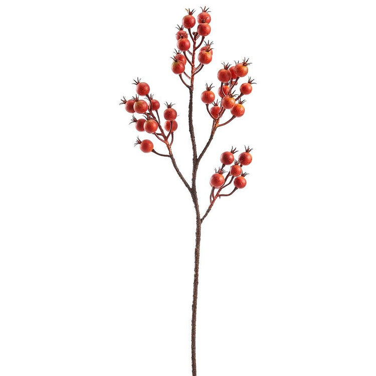 29-inch artificial orange rosehip spray with foam berries on a brown wire stem.