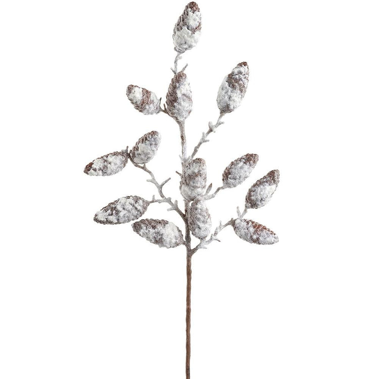 29-inch artificial pinecone spray with brown pinecones covered in white snow-like texture.