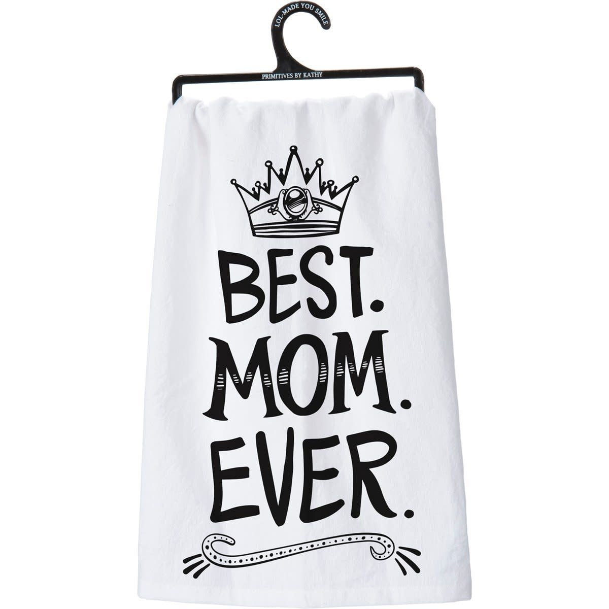 Black cotton kitchen towel with white text reading 'Remember As Far As Anyone Knows We Are A Nice & Normal Family'.