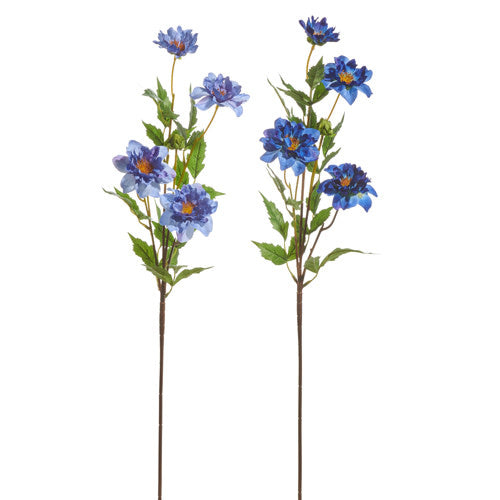Two 29.5-inch artificial blue zinnia flower sprays made of polyester and foam.