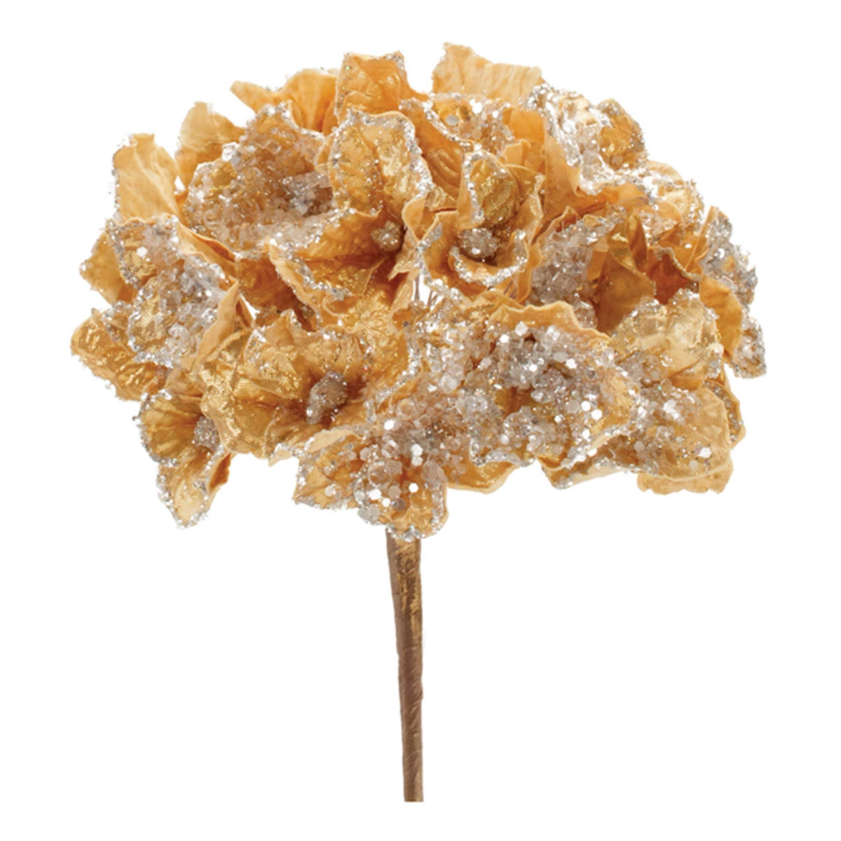 29.5-inch gold hydrangea stem made of silk and polyester with glitter accents.