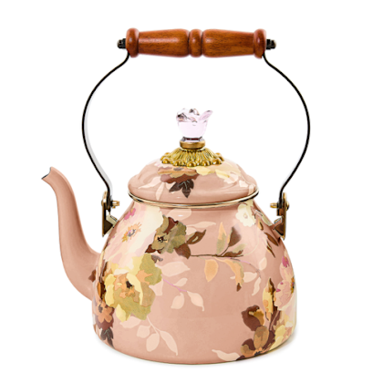 Wild Rose Mauve enamel tea kettle with a rounded body, domed lid knob, and side handle.