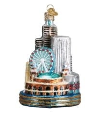 4.25-inch tall Chicago Christmas ornament featuring a festive city skyline silhouette with iconic landmarks like the Sears Tower.