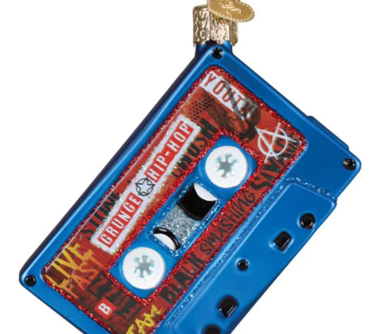 90s-themed ornament featuring a boom box with visible speakers in red and black.