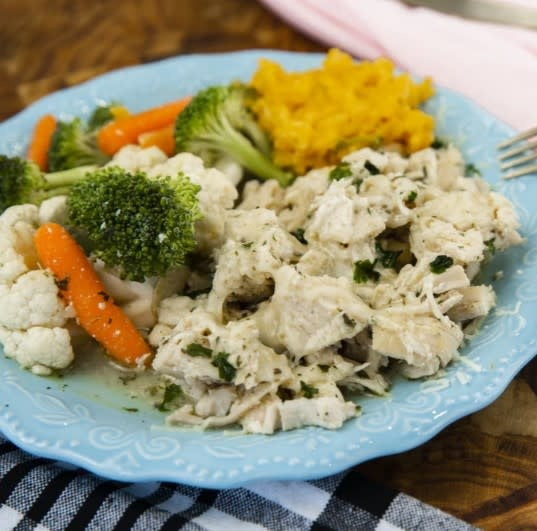Garlic Mozzarella Chicken dish with visible chicken pieces in a creamy sauce.