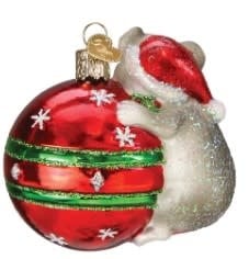 3-inch wide Christmas mouse ornament with a playful pose swinging between ornaments on an evergreen tree.