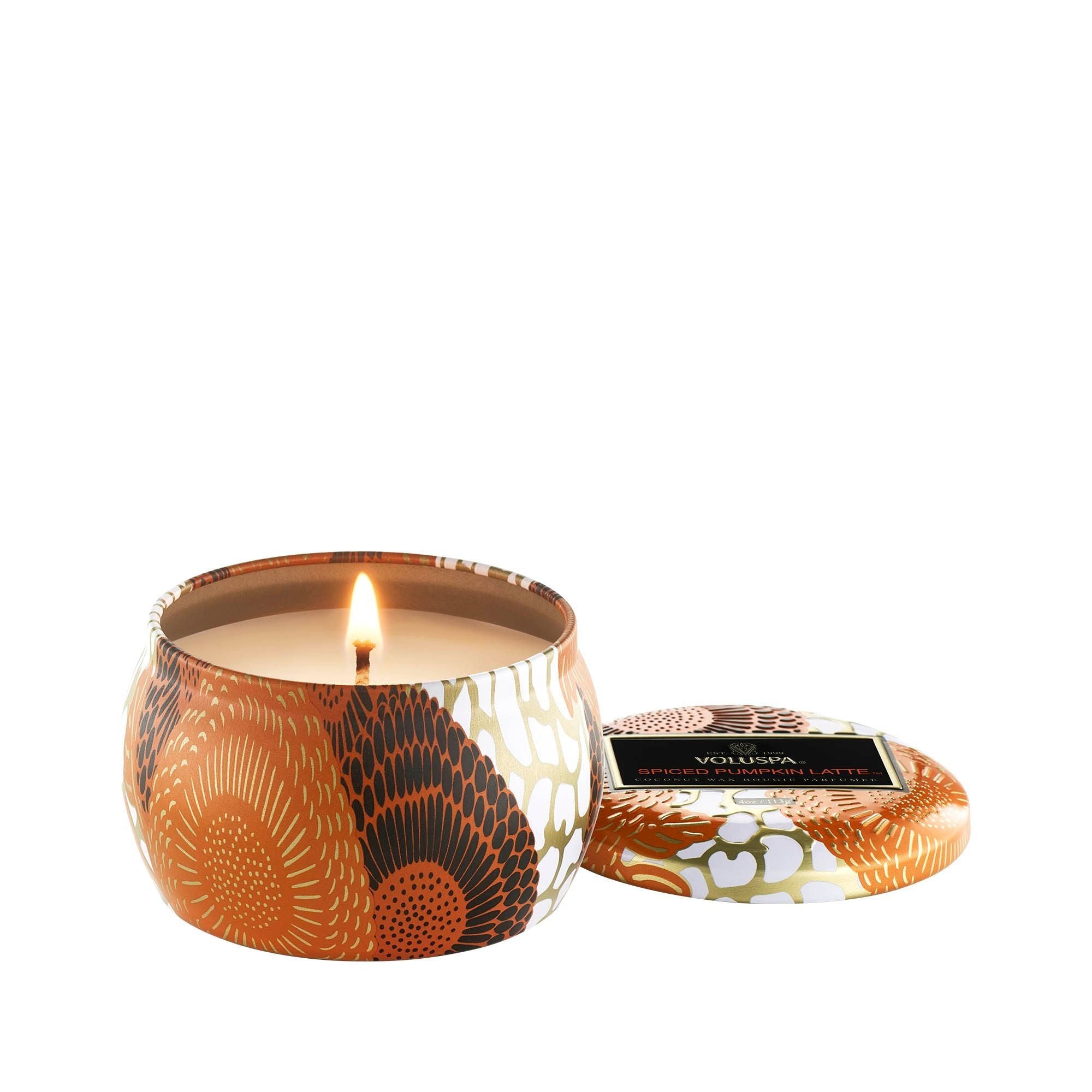 Metal tin candle in Japonica pumpkin spice pattern with matching lid