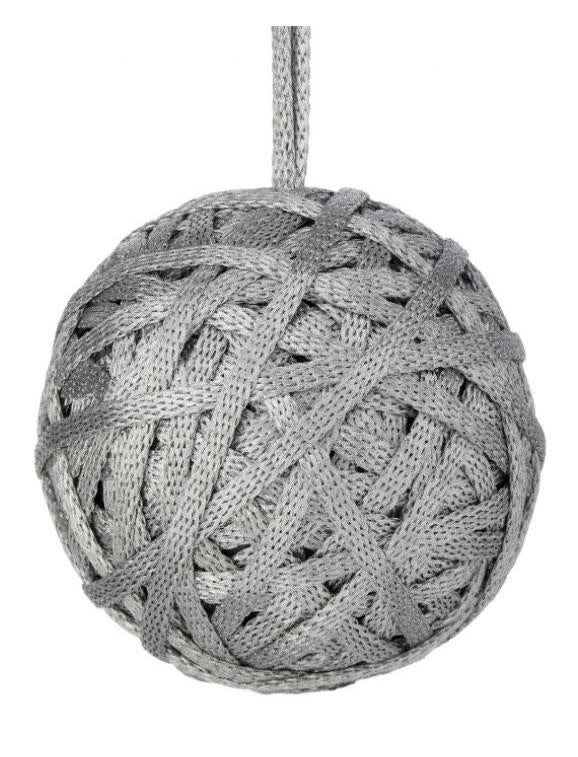 4.5-inch metallic thread ball ornament with a reflective silver finish.