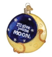 Lasso The Moon ornament: a silver metallic sphere with a black crescent moon and white star pattern.