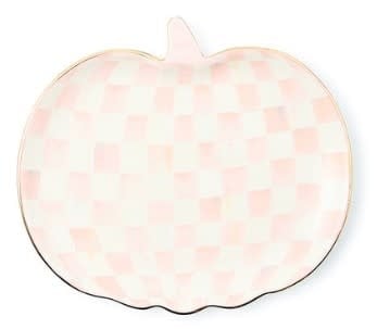 Ceramic dessert plate with hand-painted rosy check pumpkins in a Halloween pattern.
