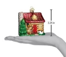 Glass Lake Cabin ornament in blue with white trim detailing the structure.