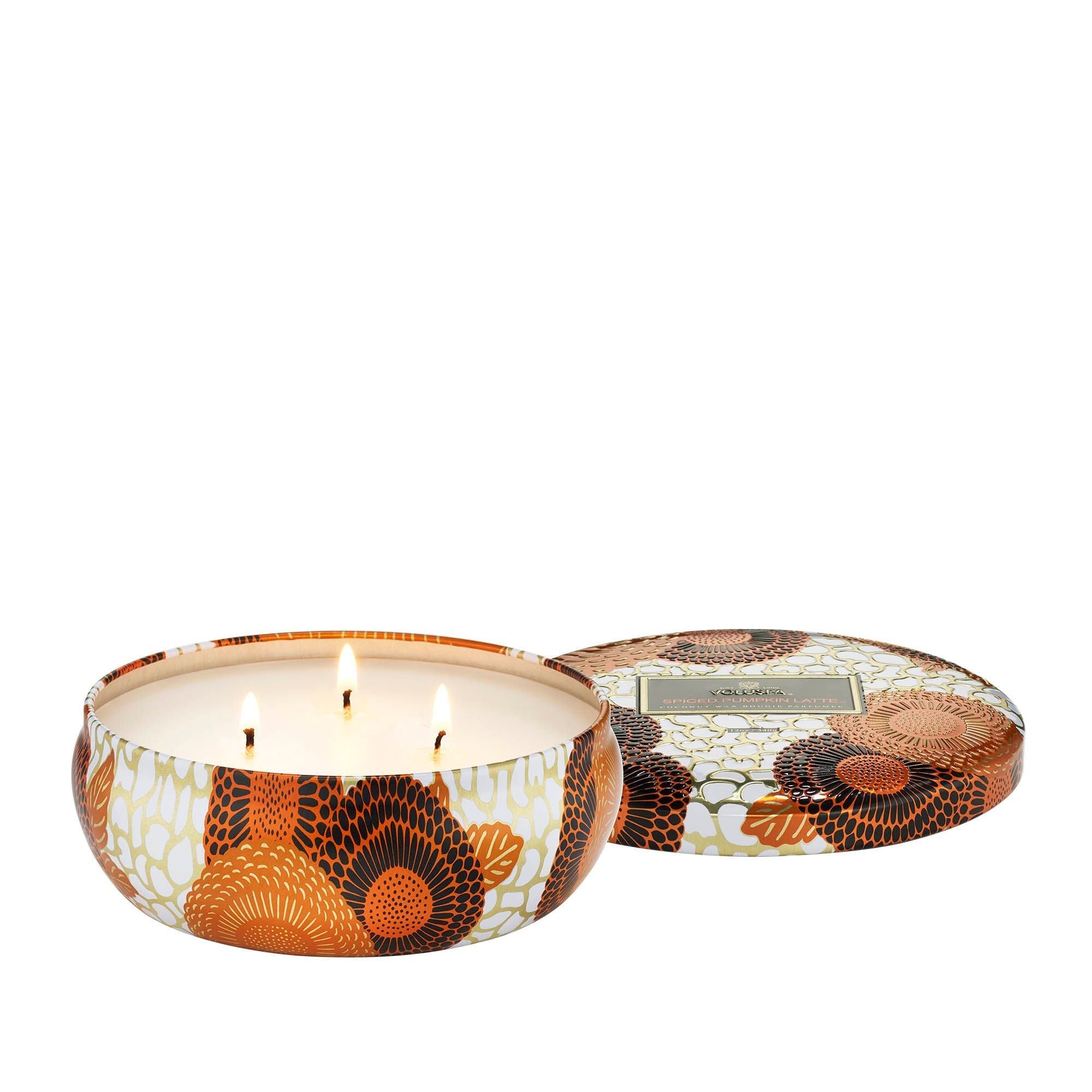 Metal tin candle with Japonica pattern lid featuring three wicks