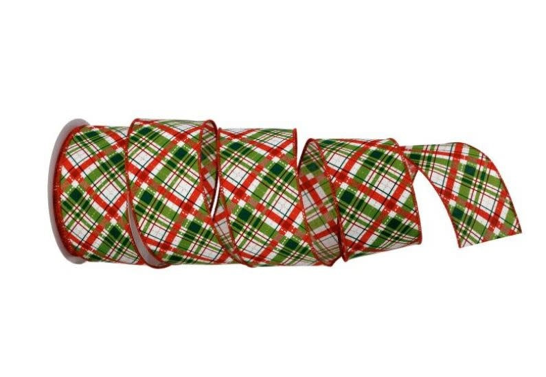 A roll of 2.5-inch wide traditional plaid ribbon featuring red, green, and white diagonal stripes.