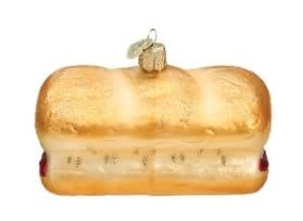 Red meatball sandwich ornament with crusty bread slices.