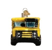 Toy dump truck ornament made of red plastic with black tires.
