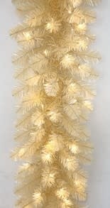 Nine-foot vintage white spruce tinsel garland with warm white micro LED lights and shaped tips.