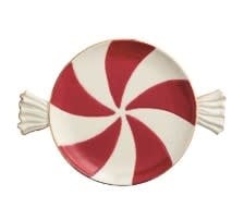 Stoneware Christmas candy platter with hand-painted rim details in peppermint theme.