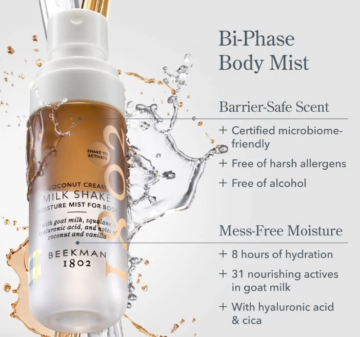 Coconut Cream Body Milk Shake mist bottle with a pump dispenser in light beige packaging.