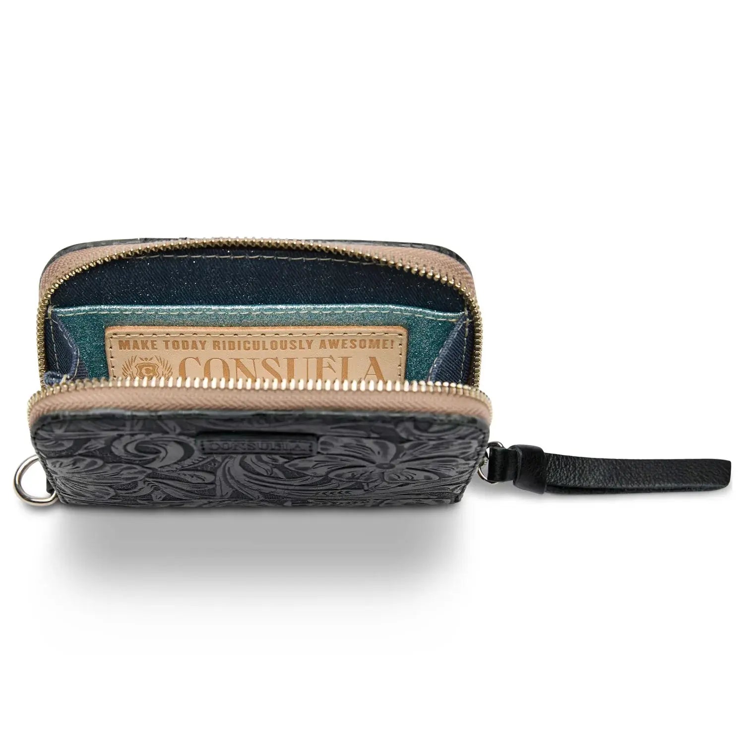 Steely tooled leather Zippy wallet with zip closure and exterior card slots