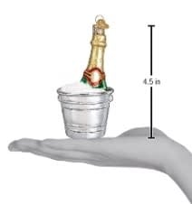 Chilled Champagne Ornament: a blue bucket-shaped decoration holding a champagne bottle with ice and water.