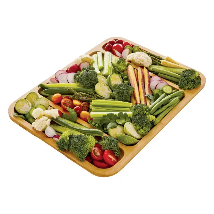 Bamboo black cutting board with handles featuring three compartments and a locking lid.