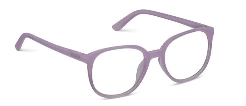 Blue light blocking eyeglasses with thin round frames in juicy fruit punch colors.