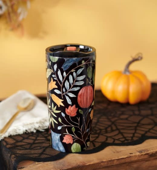 Black stainless steel tumbler with full wraparound watercolor pumpkins and fall florals on orange lid
