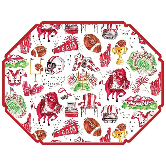 Hand-painted die-cut placemat featuring a colorful floral pattern on white paper.