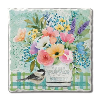 Square tumbled stone coaster with cork backing in neutral gray tone