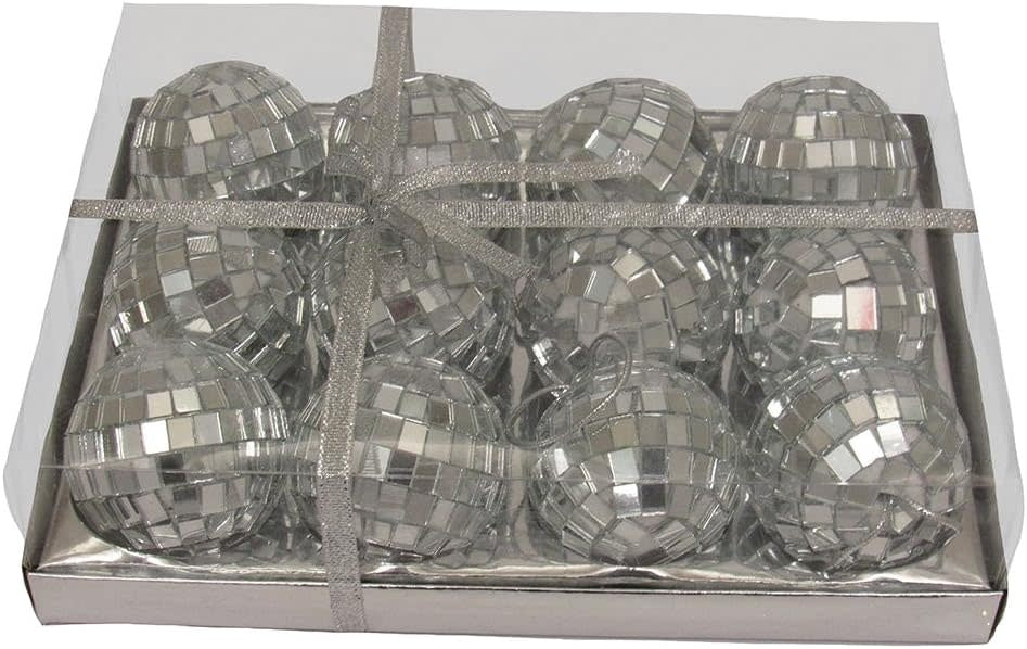 Set of twelve glass disco ball ornaments with mirrored facets hanging from silver strings.