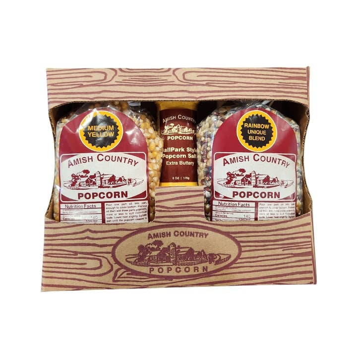 Amish Country Popcorn gift box with two bags of kernels and one container of popcorn salt.