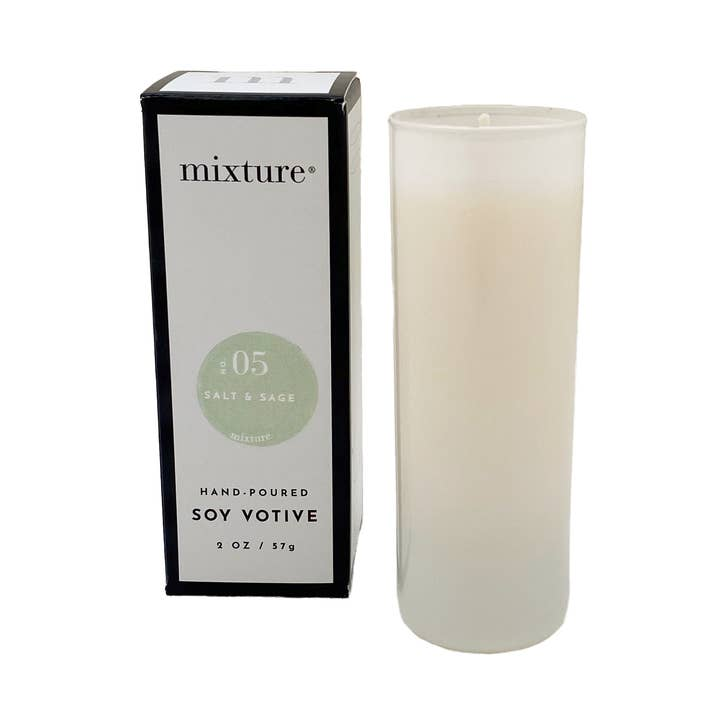 Mixture Salt & Sage No. 05 hand-poured 2 oz soy votive candle in a white glass and its box.